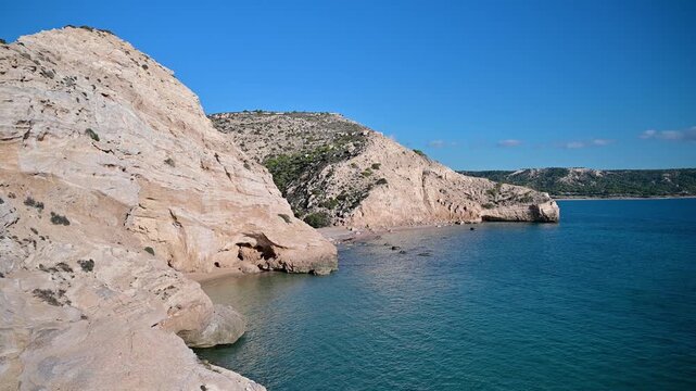 Rocky Cliffs and Coastal Formations at Fourni Beach Near Monolithos in Rhodes, Greece