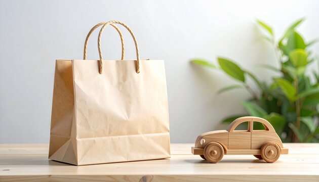 Wooden toy car beside plain brown paper shopping bag with handles, placed on light wooden surface against neutral background.