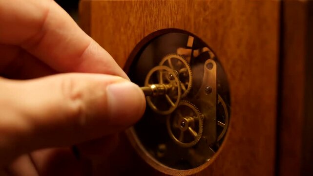 Close-up of a hand inserting a key into a clock mechanism.