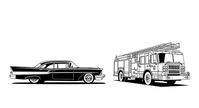 Vintage illustration of a classic car and a retro fire engine