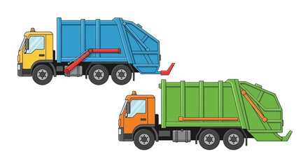 Colorful illustration of two garbage trucks a yellow and a green one