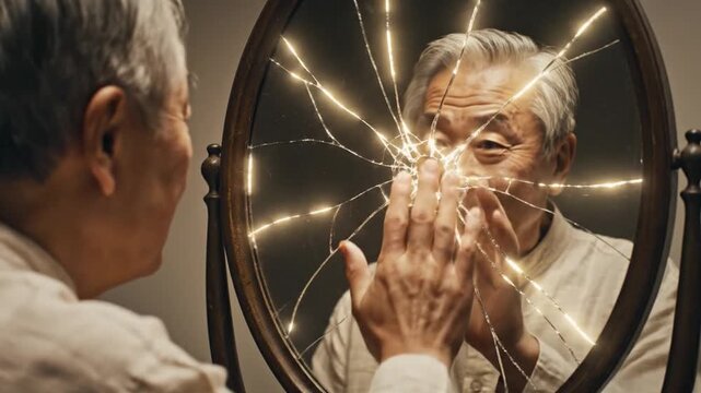Contemplation Through the Mirror: A senior reflects on time and existence through the reflection in a cracked mirror, creating an intimate portrait of introspection and memories.
