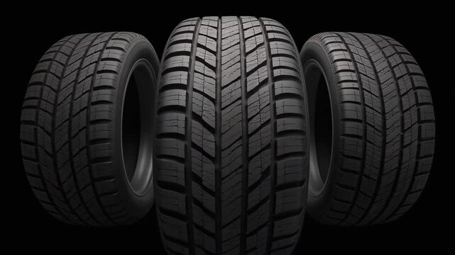 Close up view of three black car tires with detailed tread patterns on black background