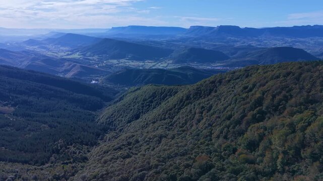 Aerial view from a drone of Mount Coliza (897 m) (Kolitza in Basque) with the chapel of San Sebasti&aacute;n and San Roque in the Ordunte Mountains in Valmaseda. Bizkaia, Basque Country, Spain.