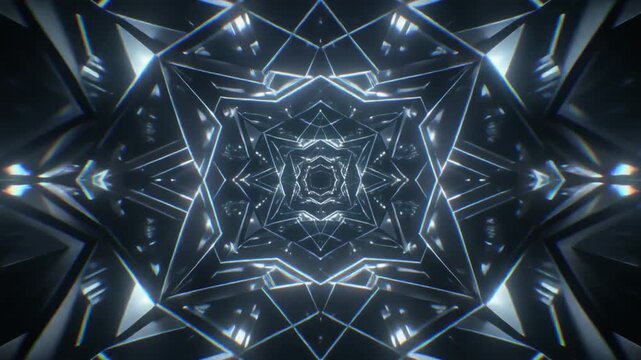 Abstract futuristic geometric pattern with glowing lines and symmetrical crystal shapes in dark tones