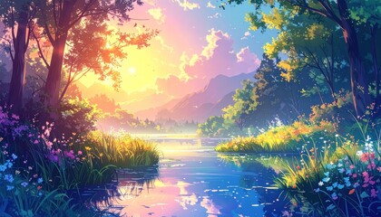 Anime-style landscape depicts a serene lakeside scene at sunset