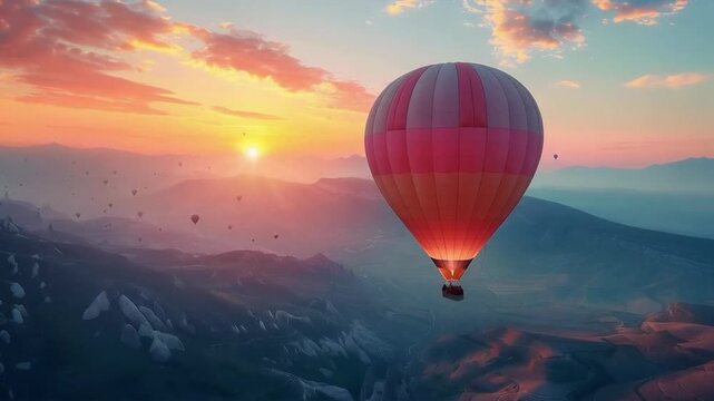A hot air balloon floating above mountain peaks at sunset will emphasise the romance of travel and become the main backdrop for tourist brochures or websites.
