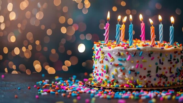 A bright cake with burning candles and colourful sprinkles on the festive table creates an atmosphere of joy, suitable for decorating invitations or cards as a festive background.
