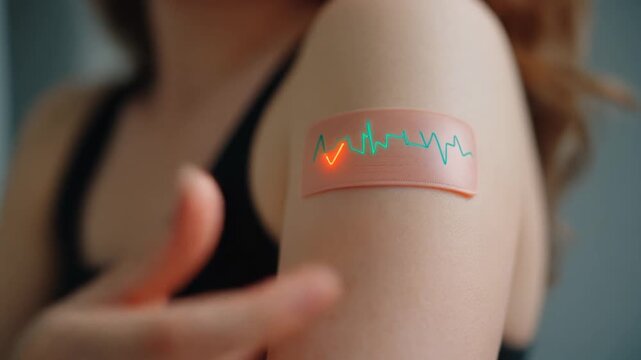 Close up of a smart bandage with digital heartbeat monitoring on arm showcasing innovative health technology