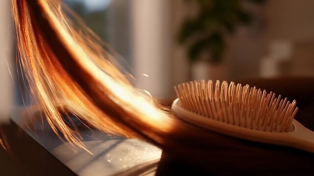 A close-up scene of a hair loss on comb reveals a significant amount of strands caught in the bristles, highlighting the issue of hair thinning and shedding in every day grooming routines.