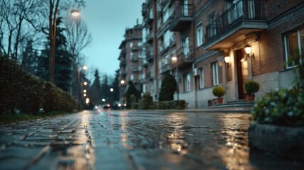 Fototapeta premium Low angle view of wet street pavement reflecting city lights after rain