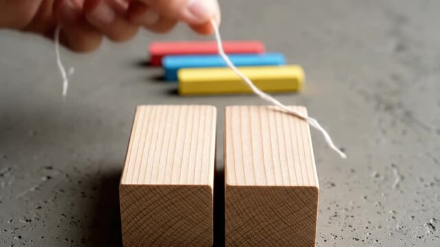 Hand pulling string to connect two wooden blocks, with colorful chalk sticks in background, problem solving concept