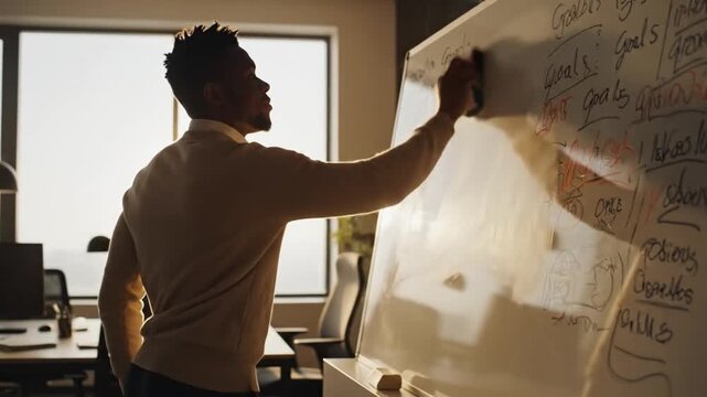 Strategic Mind at Work: Focused business professional meticulously strategizes and plans on a whiteboard, capturing moments of insight and professional work.