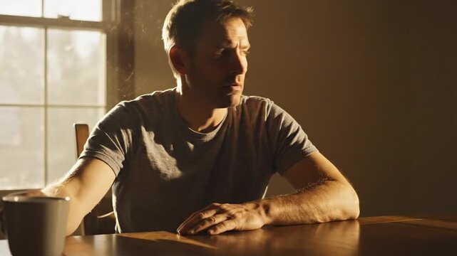 Solitude's Embrace: A pensive man sits alone at a wooden table, a warm drink beside him, lost in thought as sunlight streams through the window, creating a serene and introspective moment.