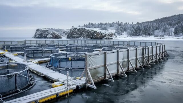 Medium shot showing sheltered marine farming cages protected by windbreak structures in a frosty coastal environment