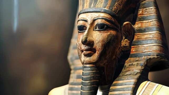 An ancient Egyptian mask with expressive features and traces of time conveys the spirit of history and is suitable as a decorative element for educational materials or exhibitions.
