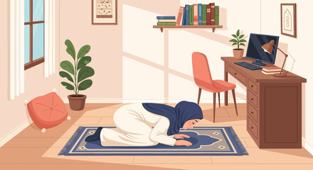 Fototapeta premium Muslim Woman Praying at Home in a Cozy Room