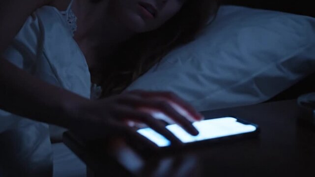 Nighttime Connection: A person, illuminated by the cold light of a phone in a dimly lit bedroom, reaching for the device.