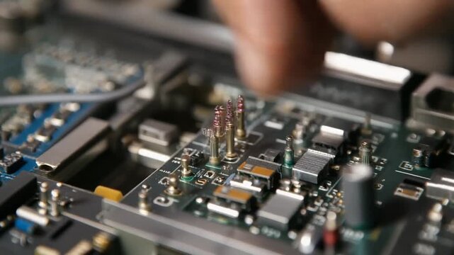 Close up of hand assembling electronic circuit board with small components and microchips
