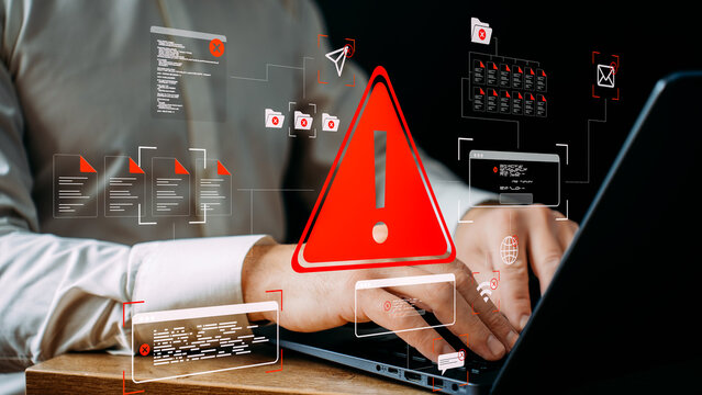 cybersecurity threat alerts with blocked messages, compromised documents, exclamation marks, damaged files. computer threat and digital risk analysis panel
