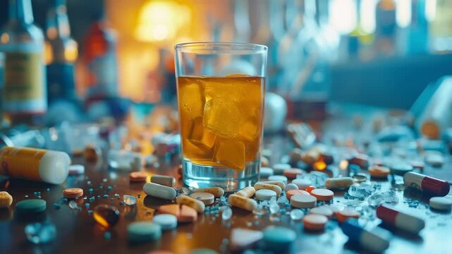 A glass filled with ice and an amber-coloured drink is surrounded by scattered pills, illustrating the problem of addiction and uncontrolled consumption of drugs. A popular background for medical arti