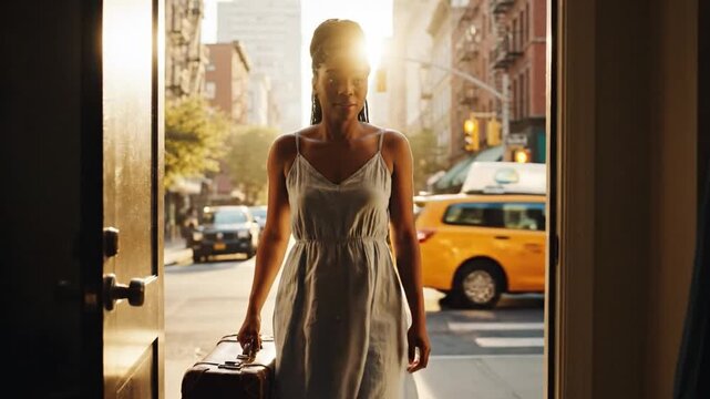 Urban Journey: A radiant individual, poised at a doorway, embarks on a journey with a vintage suitcase, with a backdrop of a bustling city street.