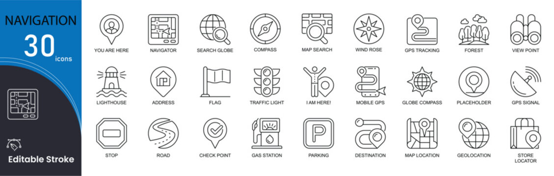 Navigation related line icons set. Bundle of home, pinpoint, compass, map, search, route, mountains, satellite, tracking and other. Editable stroke.