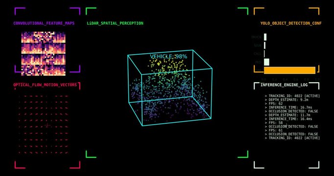 AI Computer Vision System Visualization Showing Sensor Fusion, LiDAR Spatial Perception, Object Detection Confidence, Optical Flow Motion Analysis and Real Time Inference Dashboard