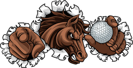 Obraz premium Horse mustang bronco stallion angry golf sports team mascot holding a ball.