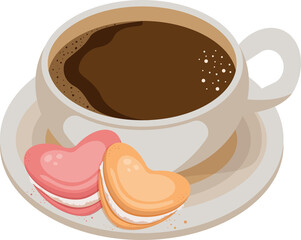 A cup of coffee with heart-shaped macarons