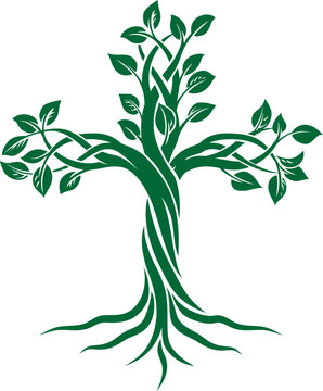 Illustration of a tree forming a Christian cross icon symbol. Represents Christian religious faith growth with strong roots.