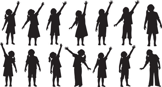 Silhouettes of people raising their hands in unison