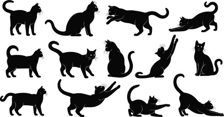 Black cat silhouettes set, domestic feline vector icons in various poses, sitting walking jumping and stretching kitty graphics. © Mst