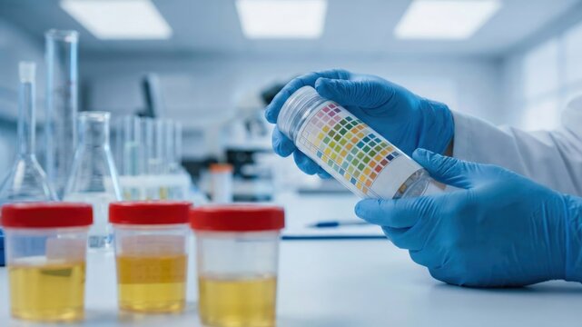 Scientist hands in blue gloves holding urinalysis test strip bottle in a medical laboratory with sample cups.