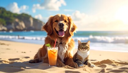 Dog and cat on a sunny beach, with a vibrant cocktail. Waves crash gently; sky is bright blue