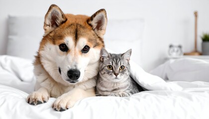 Dog & cat lay together on a white bed, sharing a white blanket, looking at camera
