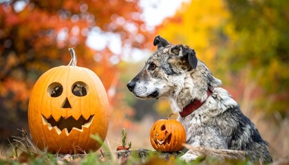 Dog sits in grass near pumpkins, amid autumn leaves