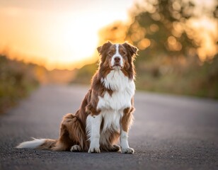 Dog sits on a road during golden hour, illuminated by warm sunlight. Background is blurred with trees