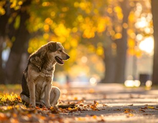 Dog sits roadside amidst autumn leaves, sunlight filtering through trees creating a warm, golden, and serene scene