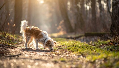 Dog sniffing on a sunlit forest path. Trees surround the path with glimpses of light through the trees overhead