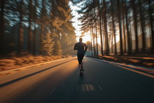 Young marathoner wearing sport suit runs down a long, empty forest road on winter day