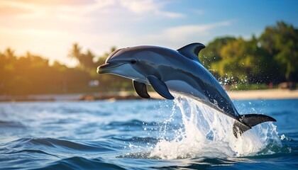 Dolphin leaps from blue ocean waves towards a blurred shoreline with golden sunlight