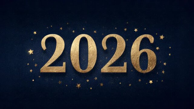 Golden 2026 celebration with glittering stars on dark blue background.