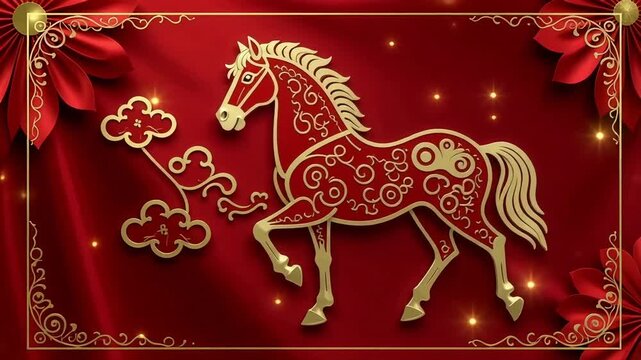 Majestic red horse adorned with intricate golden patterns, symbolizing good fortune and prosperity.