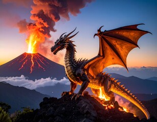 Dragon atop volcanic crag, wings aglow against twilight sky, eruption streams orange smoke; dramatic scenic vista