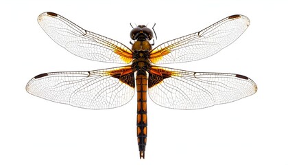 Dragonfly on white backdrop detailed shot, transparent wings, orange and black body, intricate veining