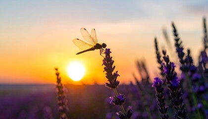 Dragonfly on lavender silhouette against an orange sunset sky in a purple lavender field