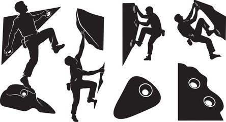 Rock climbing silhouettes in various poses and actions