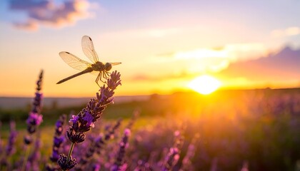 Dragonfly perched on lavender against a vibrant sunset sky, serene and golden hour lit