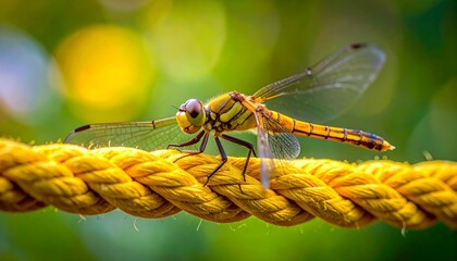 Dragonfly rests on a thick yellow rope, wings spread, set against blurred green foliage